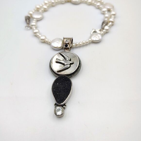 Mars And Valentine Sterling 925 Charcoal Druzy Sapphire Pearl Swallow Necklace - Picture 12 of 16